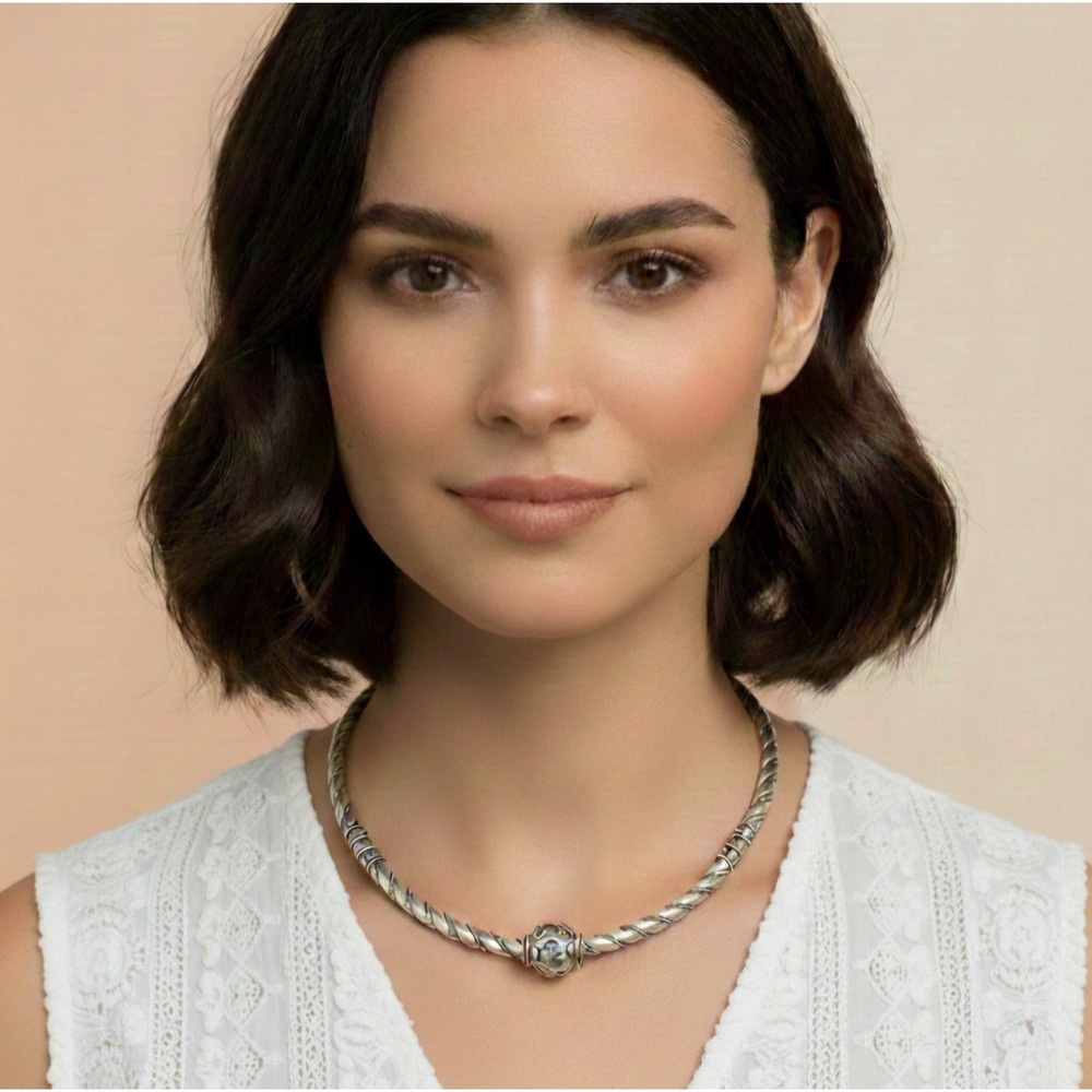 Nine West Silver Tone Twisted Rope Necklace Filigree Slider Boho Statement 6"H